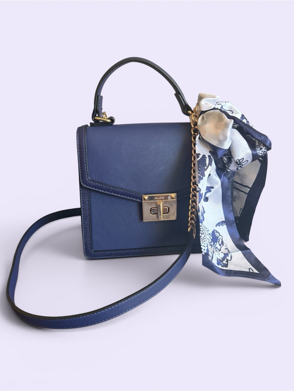 Aldo Navy Blue Crossbody Top-Handle Bag with Scarf and Gold Hardware